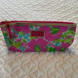 Lilly Pulitzer Vibrant Pink & Green Floral Pouch 100% PVC Wipeable cosmetic Bag